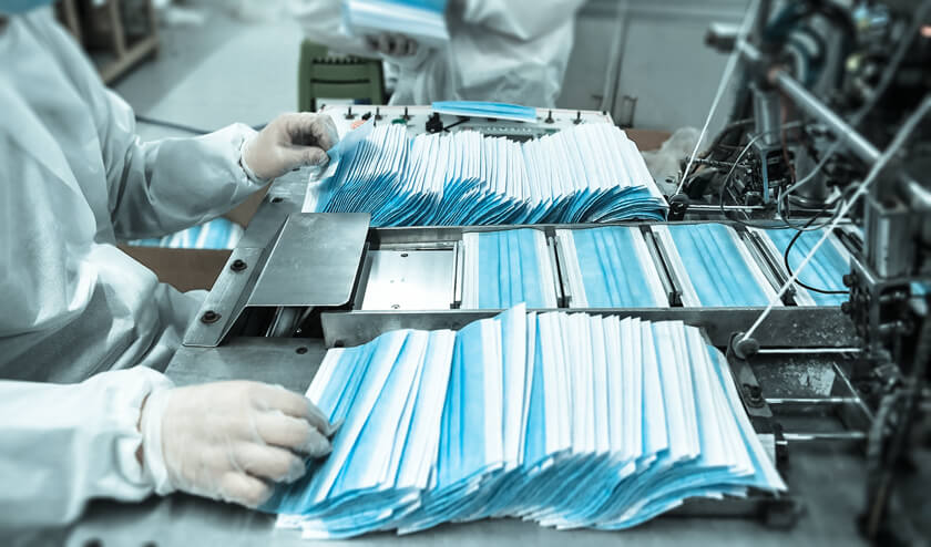 the semi-finished masks on the production line